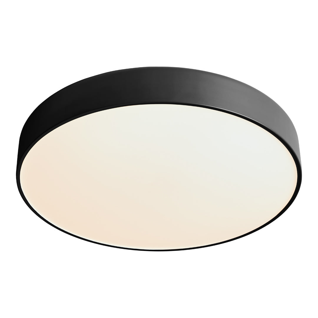 Modern black round ceiling light with a smooth white diffuser, offering a sleek and minimalist design.