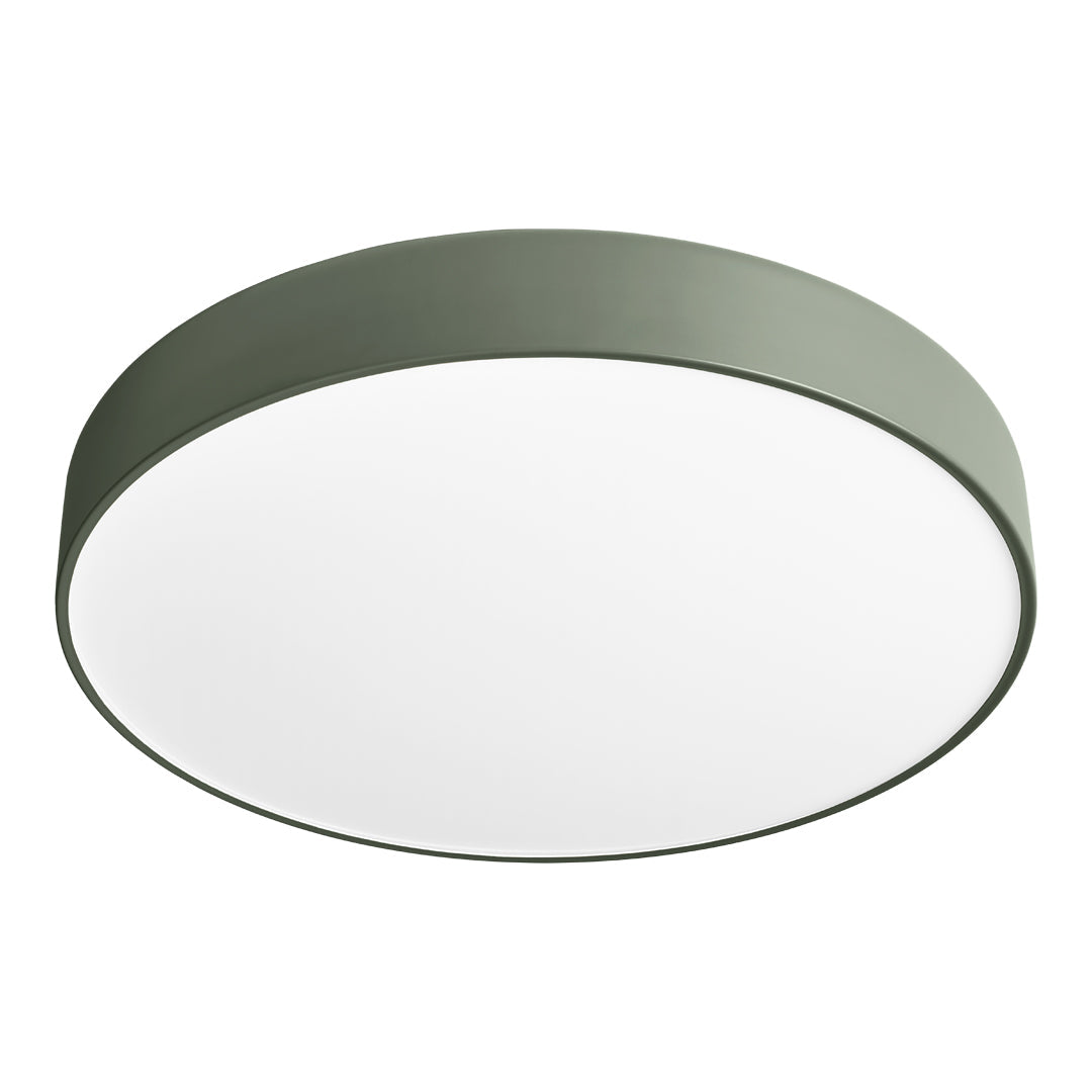 Round ceiling lamp with a sleek white shade and subtle green metal trim. Modern, minimalist design for any decor.