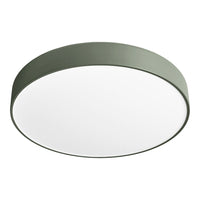 Round ceiling lamp with a sleek white shade and subtle green metal trim. Modern, minimalist design for any decor.