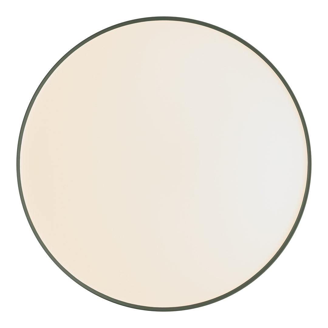 Round mirror featuring a soft beige surface with a sleek dark green rim. Elegant and minimalist design.