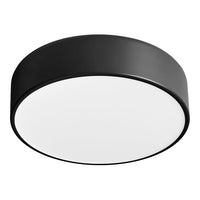 Black round ceiling light fixture with a smooth white diffuser. Modern design, minimalistic style. Perfect for contemporary spaces.