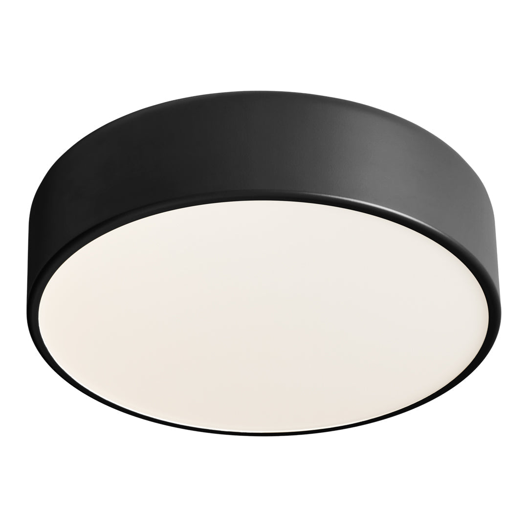 Black round ceiling light fixture with a smooth matte finish and a frosted white acrylic shade.