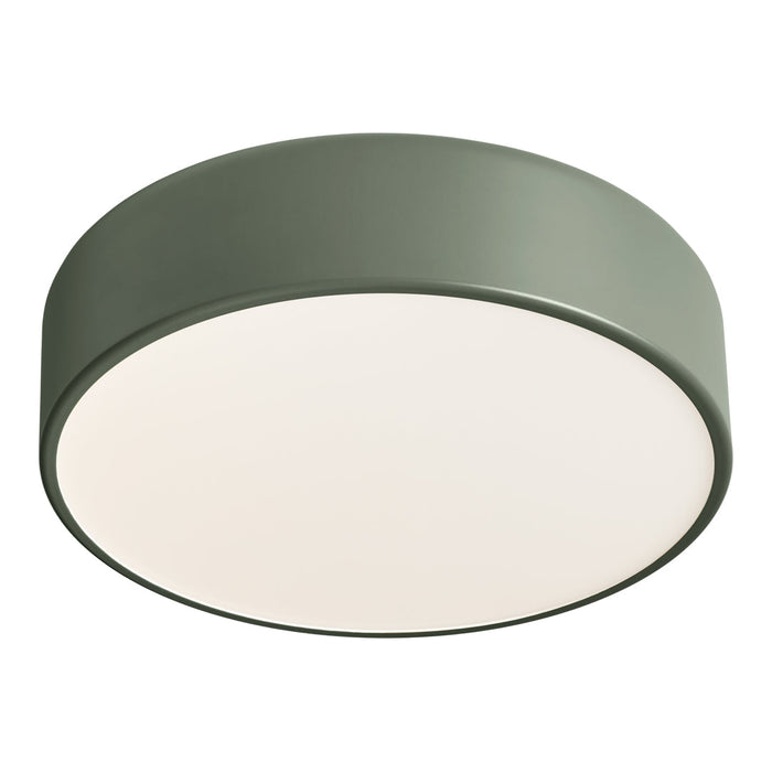 Round, matte olive green ceiling light with a smooth white diffuser for soft illumination.