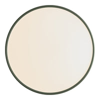 Round mirror with a sleek dark green frame and a smooth, reflective surface in soft white tones.