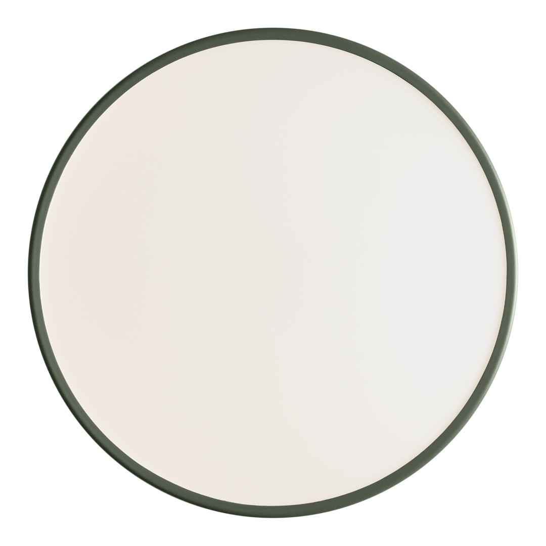 Round mirror with a sleek white surface and a stylish dark green border. Perfect for modern decor.