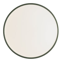 Round mirror with a sleek white surface and a stylish dark green border. Perfect for modern decor.