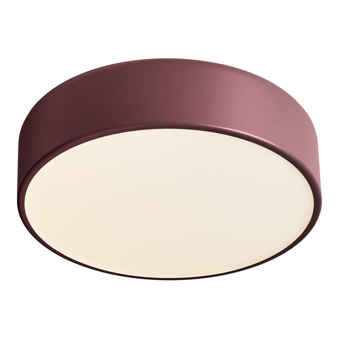 Round ceiling light in a rich burgundy finish with a smooth, frosted white diffuser for a modern touch.