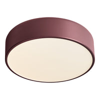 Round ceiling light in a rich burgundy finish with a smooth, frosted white diffuser for a modern touch.