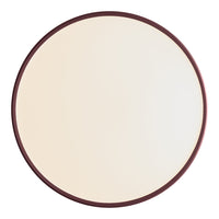 Round wall mirror with a smooth, cream surface and a deep maroon frame, offering a modern, minimalist aesthetic.