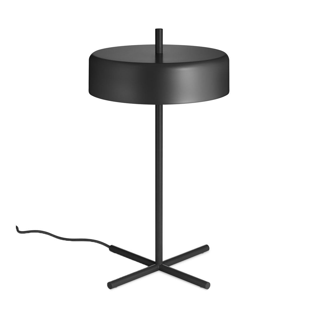 Modern black table lamp with a sleek round shade and minimalist cross base design.