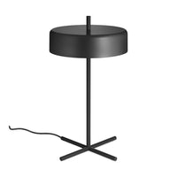 Modern black table lamp with a sleek round shade and minimalist cross base design.