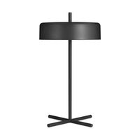 Sleek black table lamp with a round shade and minimalistic base, perfect for modern decor.
