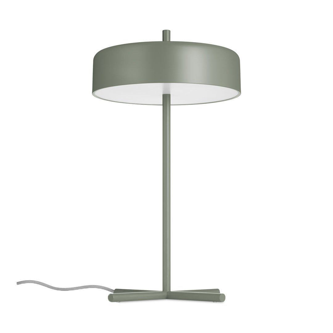 Green minimalist table lamp with a wide round shade and sleek standing base. Ideal for modern decor.