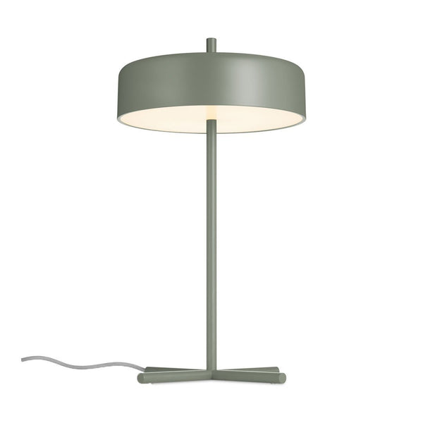 Sleek green table lamp with a round shade and minimalist design. Ideal for modern decor.