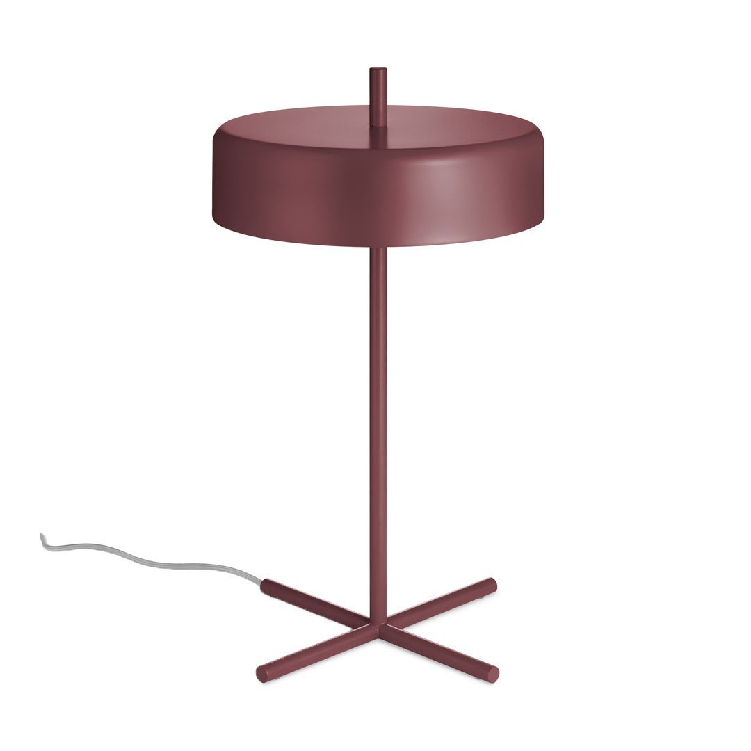 Modern burgundy table lamp with a minimalist round shade and sleek cross base design. Ideal for stylish decor.