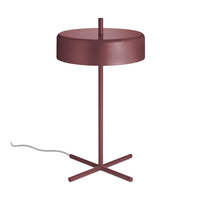 Modern burgundy table lamp with a minimalist round shade and sleek cross base design. Ideal for stylish decor.