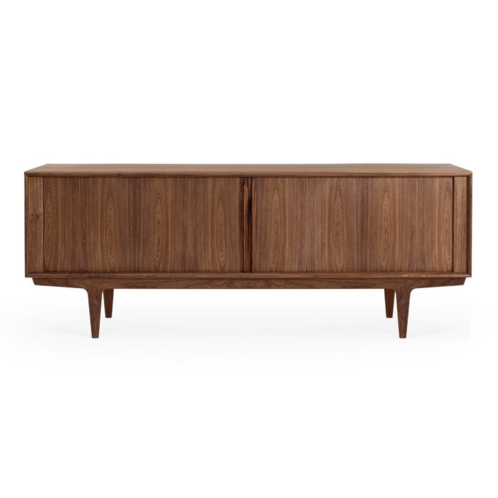 Brown wooden sideboard with a smooth finish and sleek design, featuring natural wood grain patterns and tapered legs.