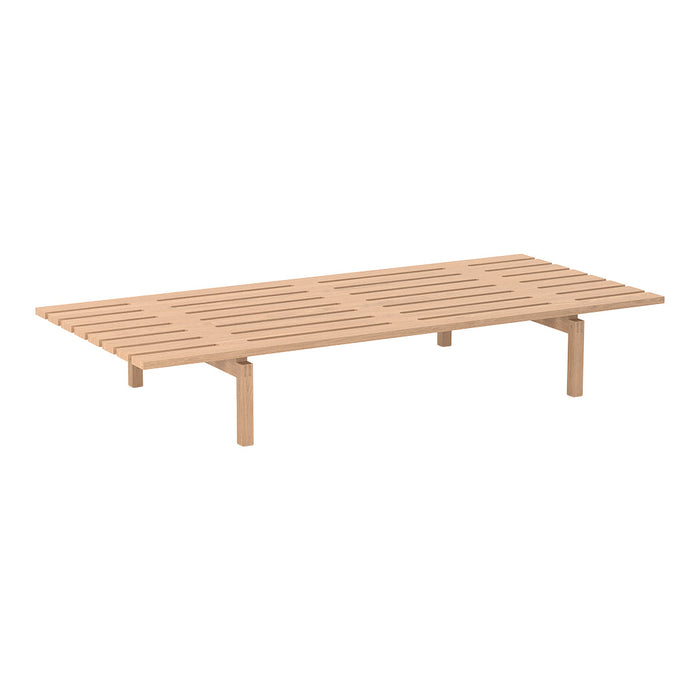 Natural wood slatted coffee table in light beige with a sleek, minimalist design. Perfect for modern interiors.