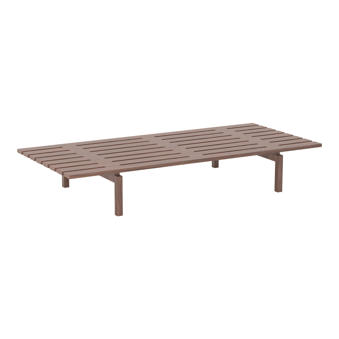 Brown slatted tabletop in a minimalist design, perfect for modern decor. Ideal for indoor or outdoor use.