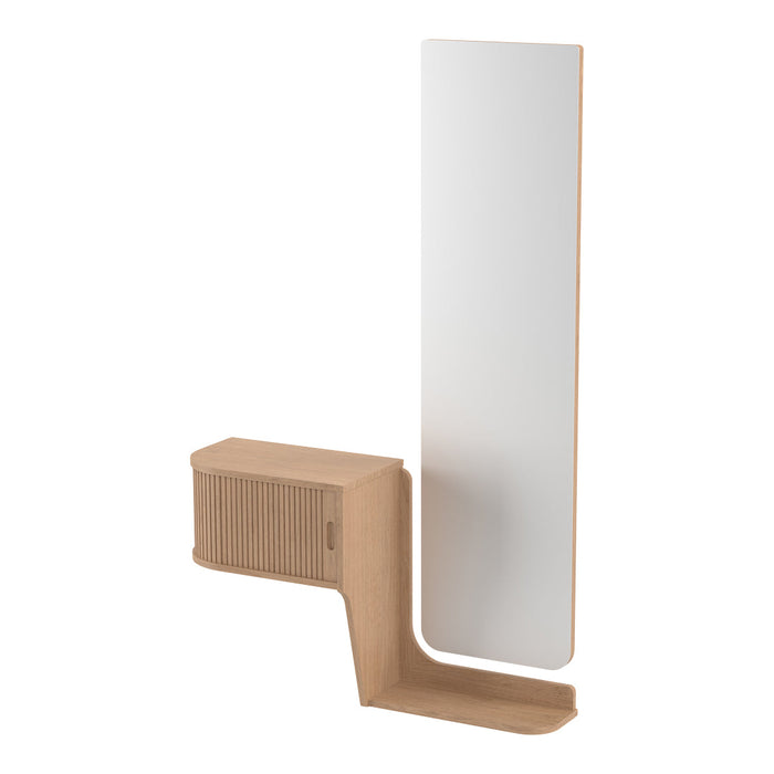 Modern wooden vanity with natural finish, featuring smooth white mirror and textured panel design.