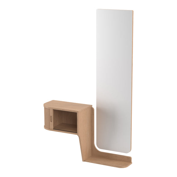 Modern wooden wall unit with a natural finish and sleek white mirror, featuring minimalist design and clean lines.