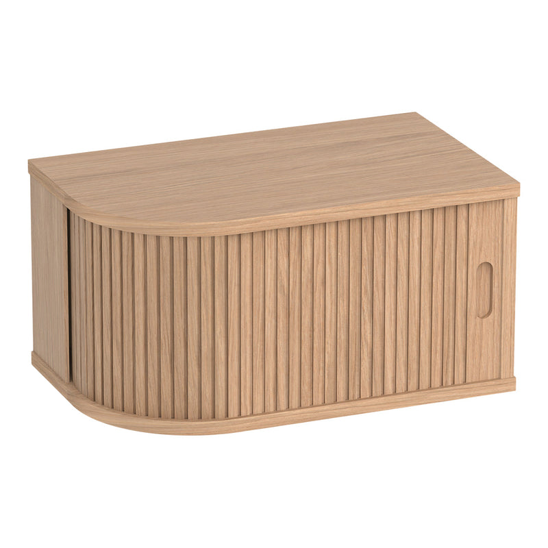 Light wood storage cabinet with a curved design and vertical ribbed texture.