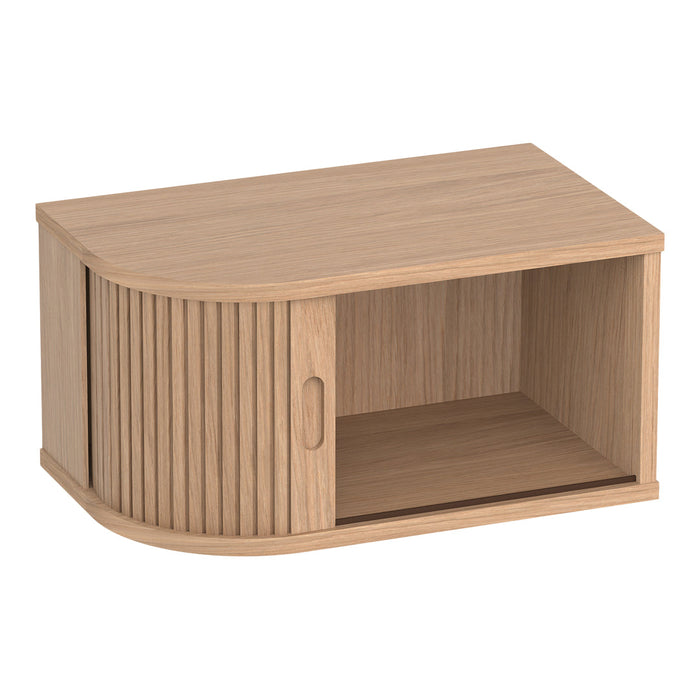 Light wood TV stand with smooth top and vertical ribbed pattern on the door, featuring a natural finish for a modern look.