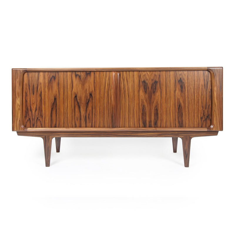 "Mid-century wooden cabinet featuring a rich, warm brown finish with elegant wood grain patterns."