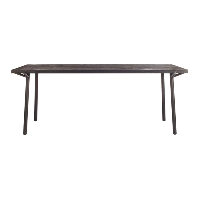 "Modern black wooden table with sleek metal legs, featuring a smooth, dark surface and minimalistic design."