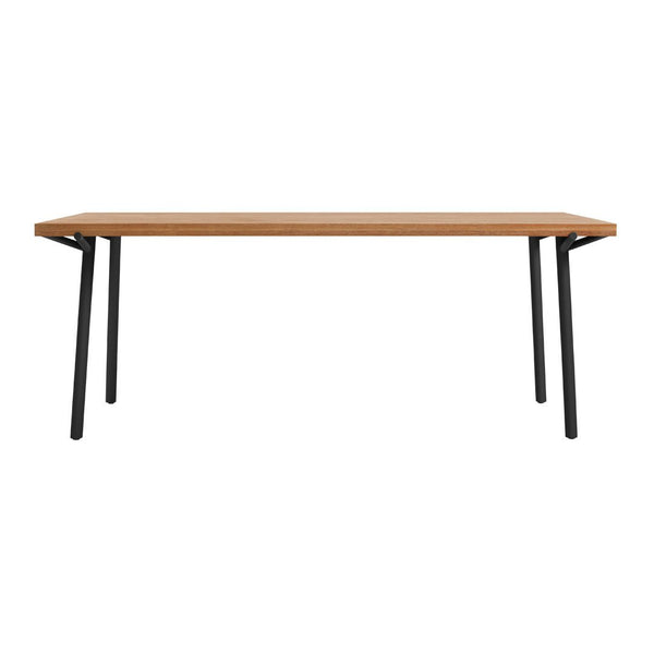 "Natural wood table with a light oak finish and sleek black metal legs, featuring a minimalist design."