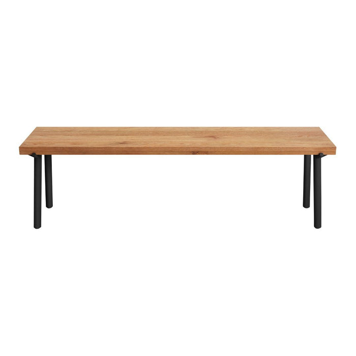 Natural wood finish tabletop with a sleek black metal frame, featuring a minimalist style and clean lines.