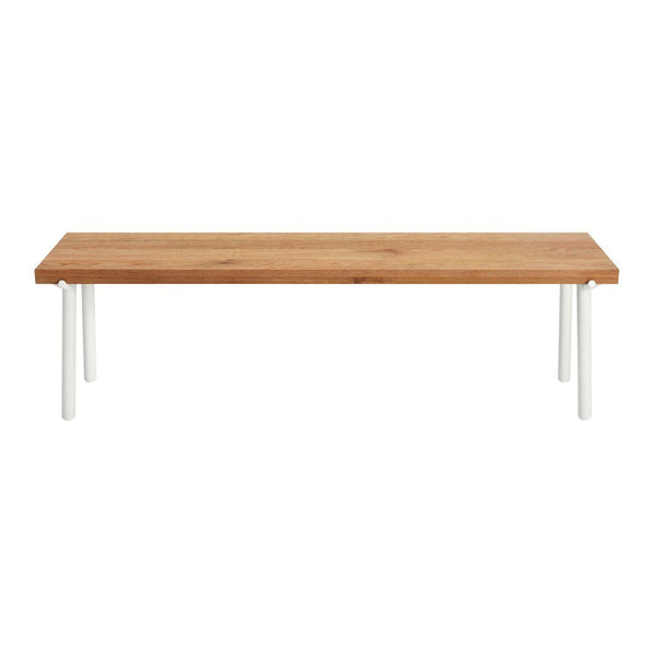 Natural wood tabletop with a warm brown finish and sleek white legs, offering a modern minimalist look.