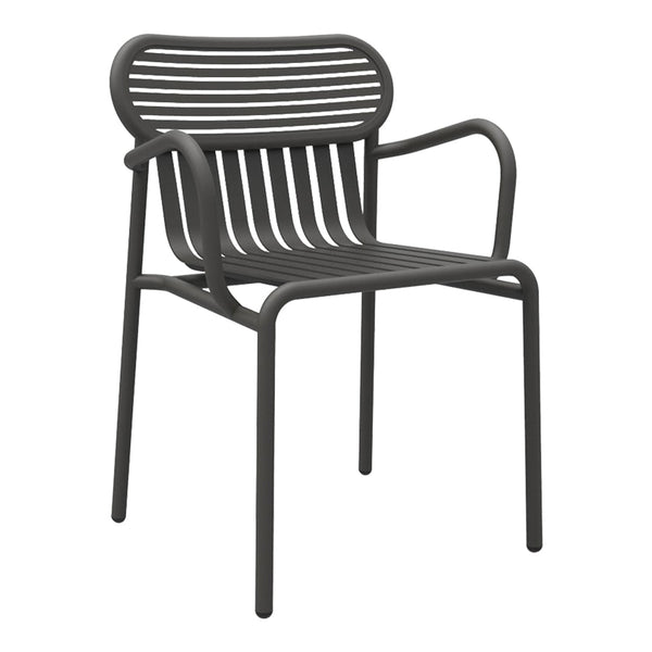 Stylish black slatted chair with modern armrests, perfect for contemporary outdoor or indoor settings.