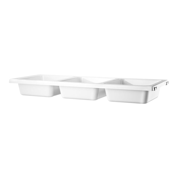 White three-compartment food container with a smooth, minimalist design, perfect for meal prep and storage.