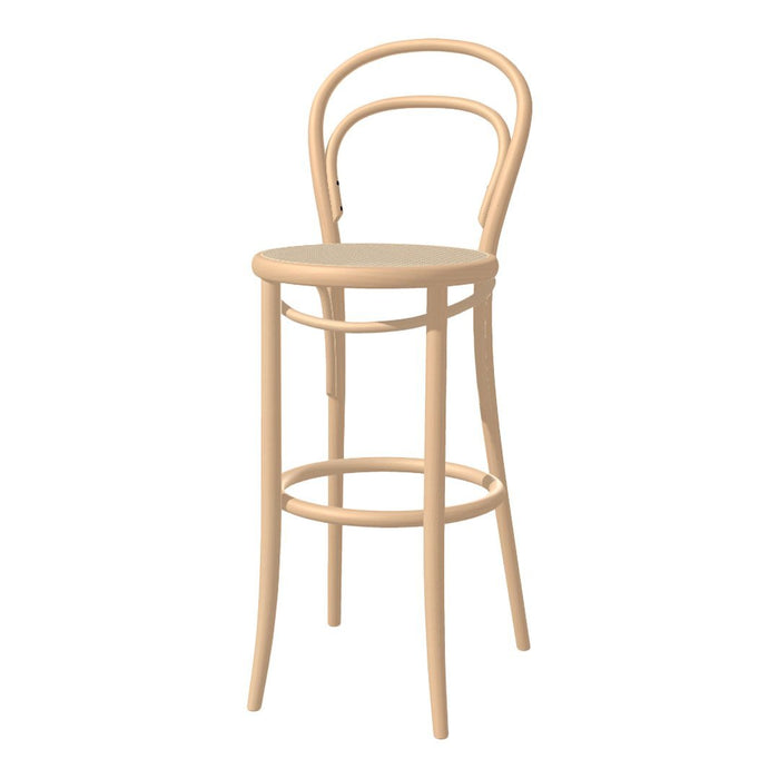 Natural wood bar stool with a minimalist design, featuring smooth curves and a light, neutral finish.