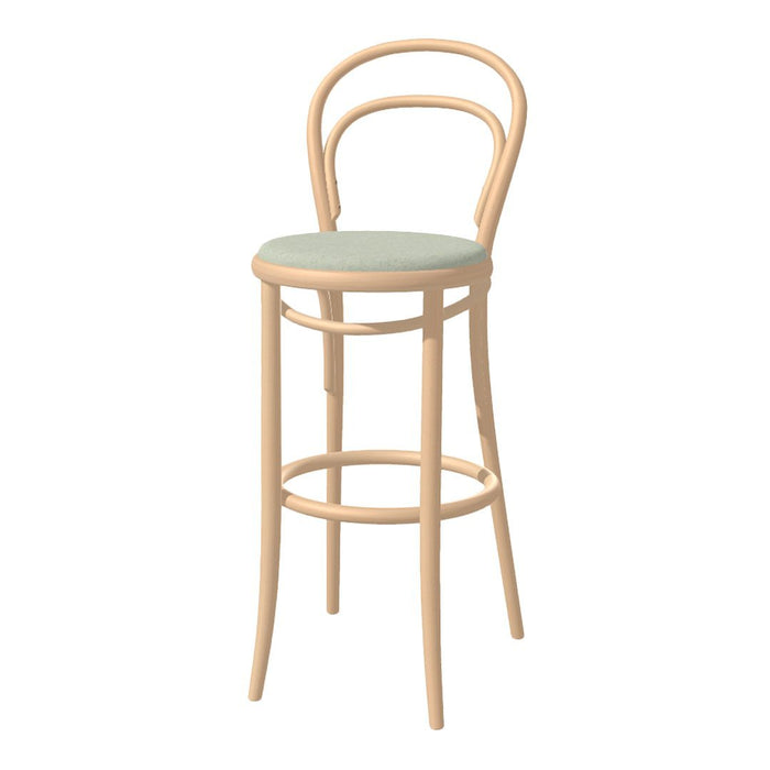 Light wood bar stool with a soft mint green seat and smooth, curved design for a modern look.