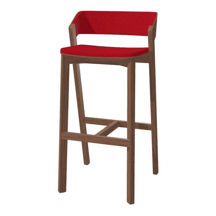 Red upholstered bar stool with a brown wooden frame, featuring a sleek, modern design. Perfect for contemporary decor.