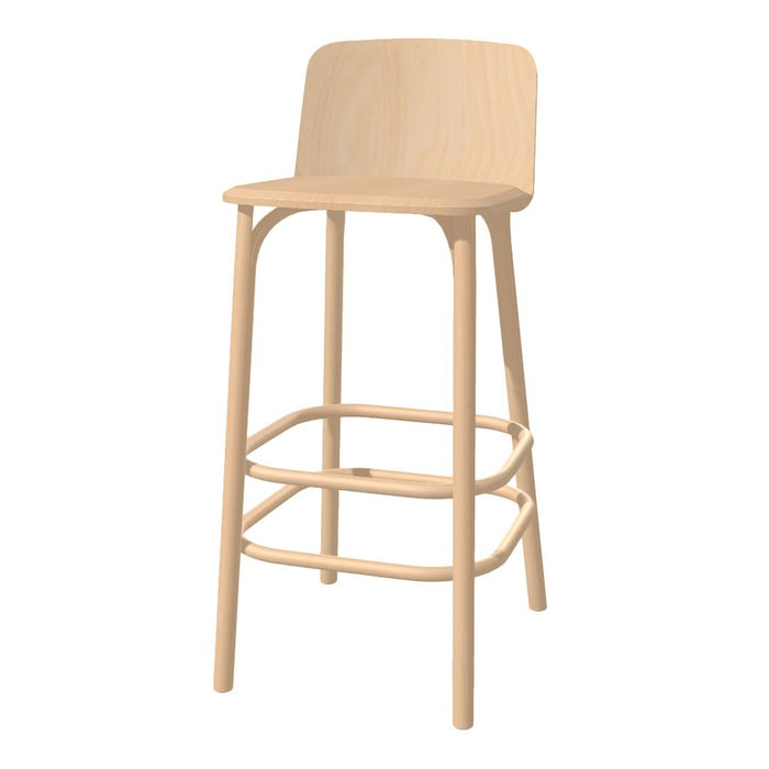 Natural wood bar stool with a light beige finish and smooth, minimalist design. Perfect for modern decor.