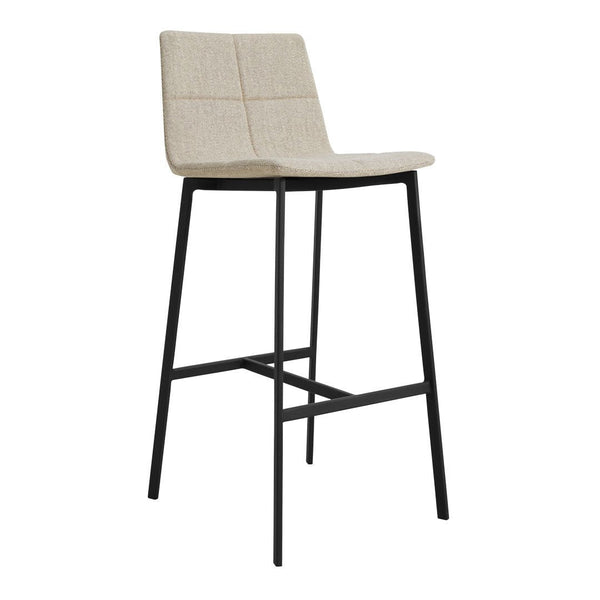 Beige upholstered bar stool with a textured pattern and sleek black metal legs, perfect for modern decor.