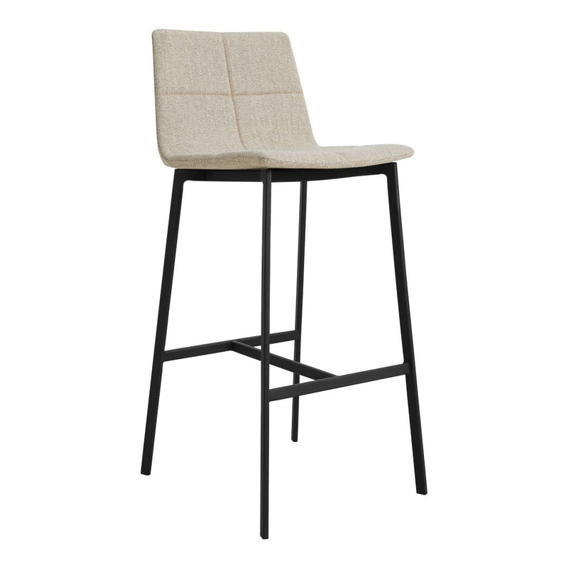 Beige upholstered bar stool with a textured pattern and sleek black metal legs, perfect for modern decor.