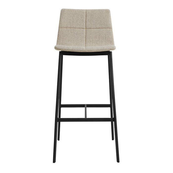 Beige textured upholstery with a sleek black metal frame, featuring a modern square-pattern design.