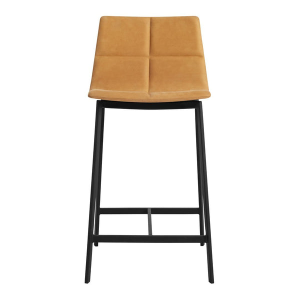 Tan upholstered bar stool featuring a quilted pattern and sleek black metal legs. Ideal for modern decor.
