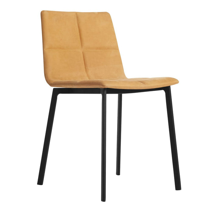 Tan upholstered chair with a grid pattern, featuring black metal legs for a modern look. Ideal for contemporary decor.