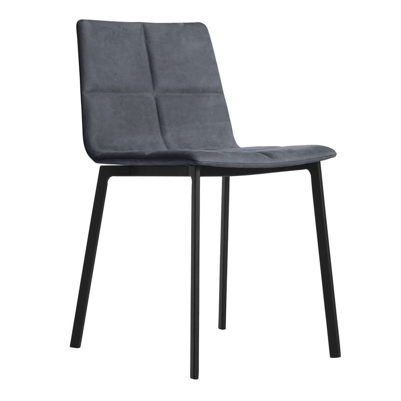 Gray upholstered dining chair with a quilted pattern and black metal legs. Modern and stylish design.