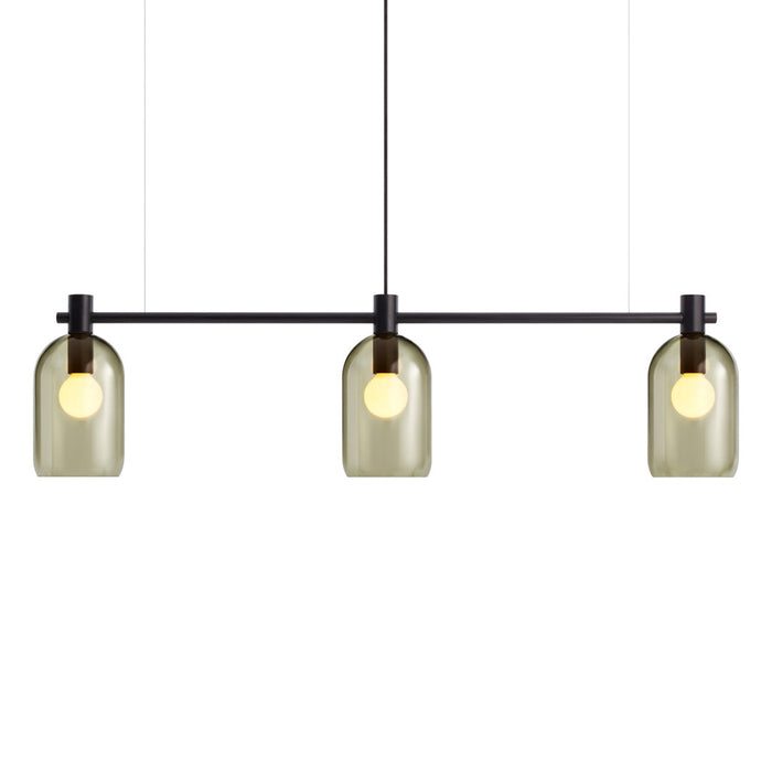 Three pendant lights with smoky gray glass shades and a sleek black metal frame, featuring a modern minimalist design.