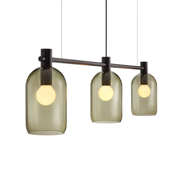 Three pendant lights featuring an amber glass design with black accents and round frosted bulbs.