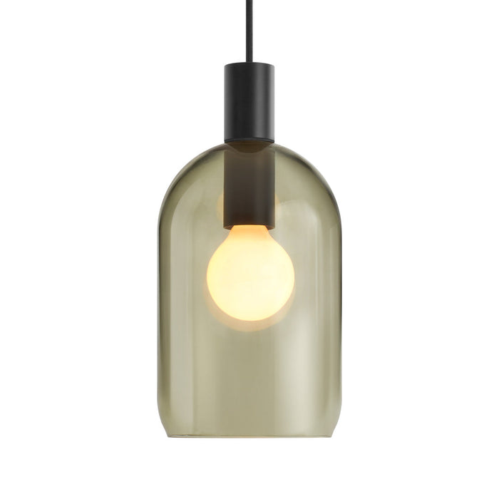 Smoky olive green glass pendant light with a sleek black top and warm yellow bulb accent. Elegant modern design.