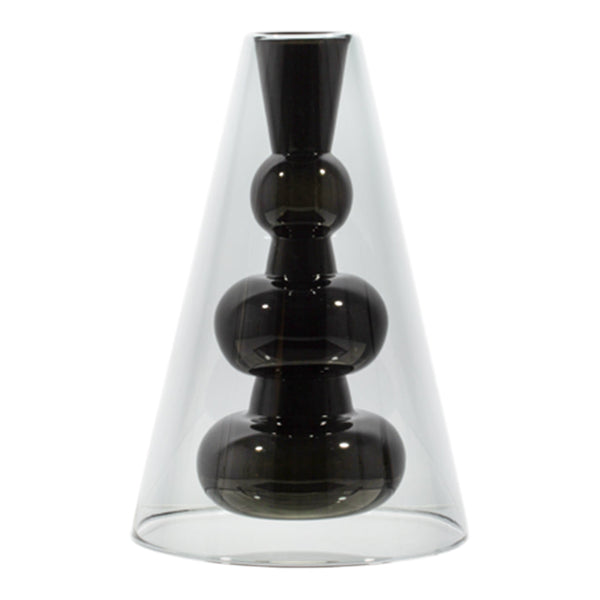 Black glass vase with a modern stacked bubble design, encased in a clear cone-shaped exterior.