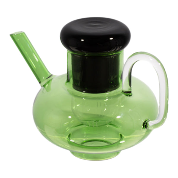 Green glass teapot with a sleek black lid and transparent handle, featuring a contemporary design.