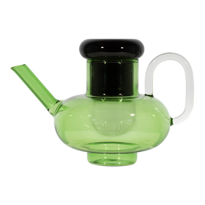 Green glass teapot with a black lid and clear handle, featuring a smooth, modern design.